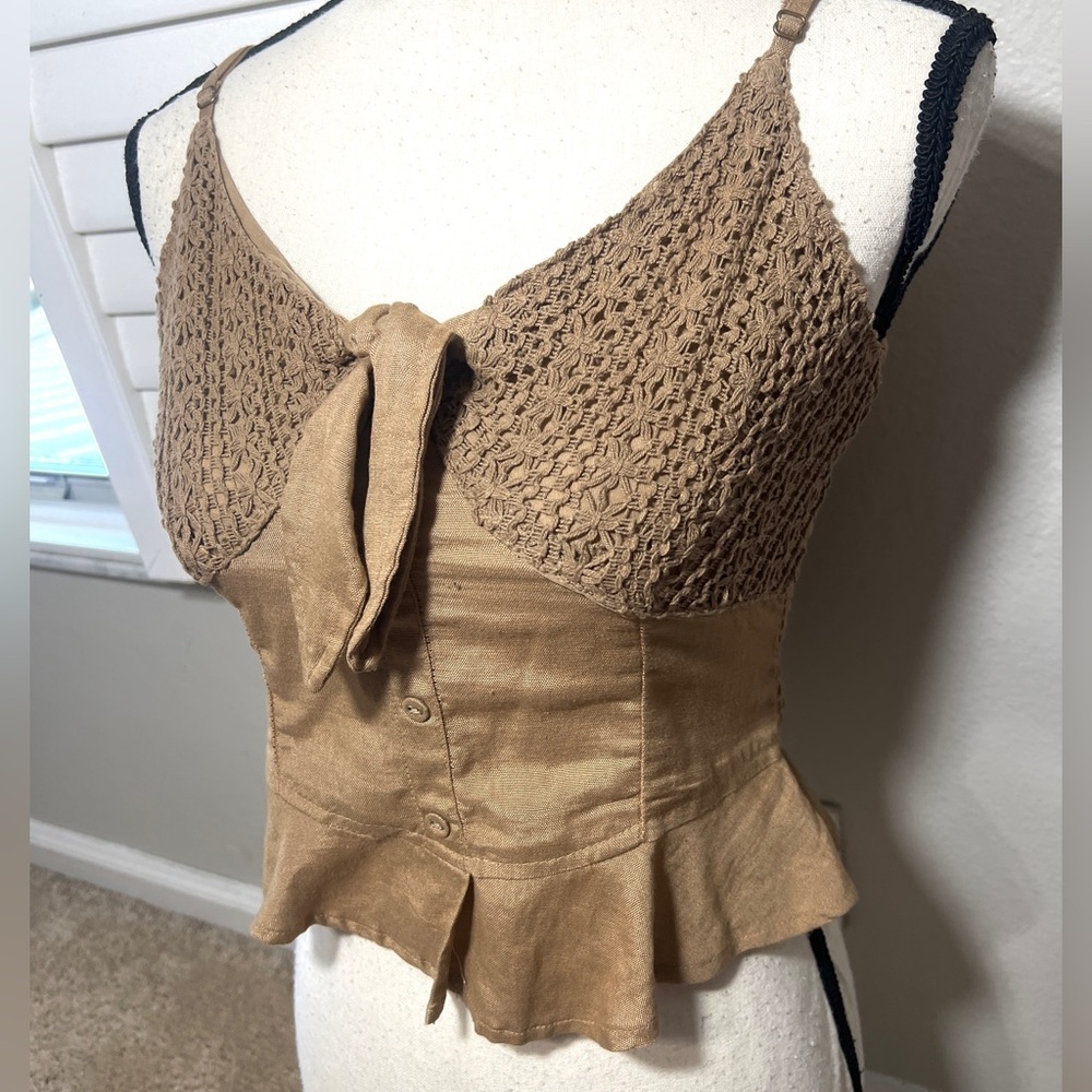 Women’s Y2K Baby Doll Tank Top M Tan Brown Khaki Spaghetti Strap Crochet Boho